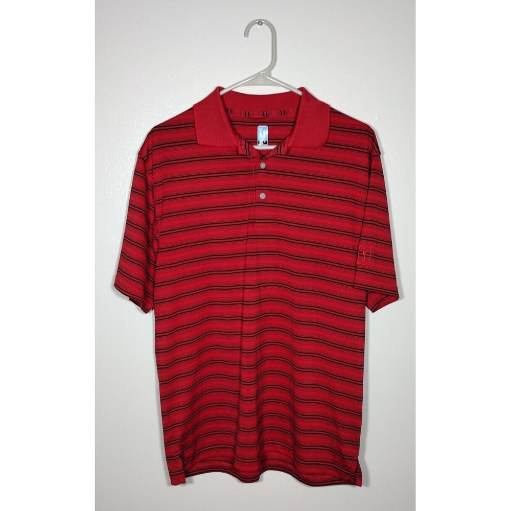 PGA Tour Mens Polo Size M 100% Polyester Red Black Stripes Breathable